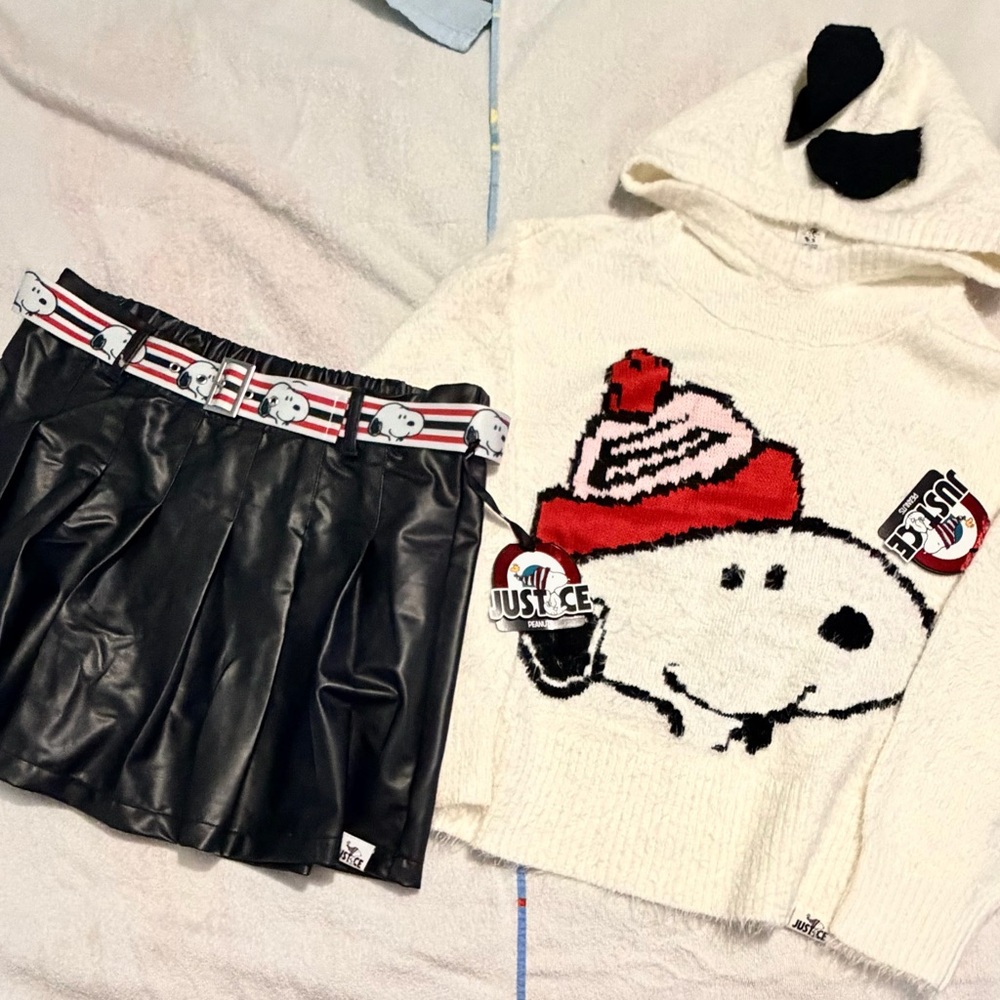 Justice x Snoopy Girls Hooded Sweater Justice Girls & Pleather Pleated Skirt